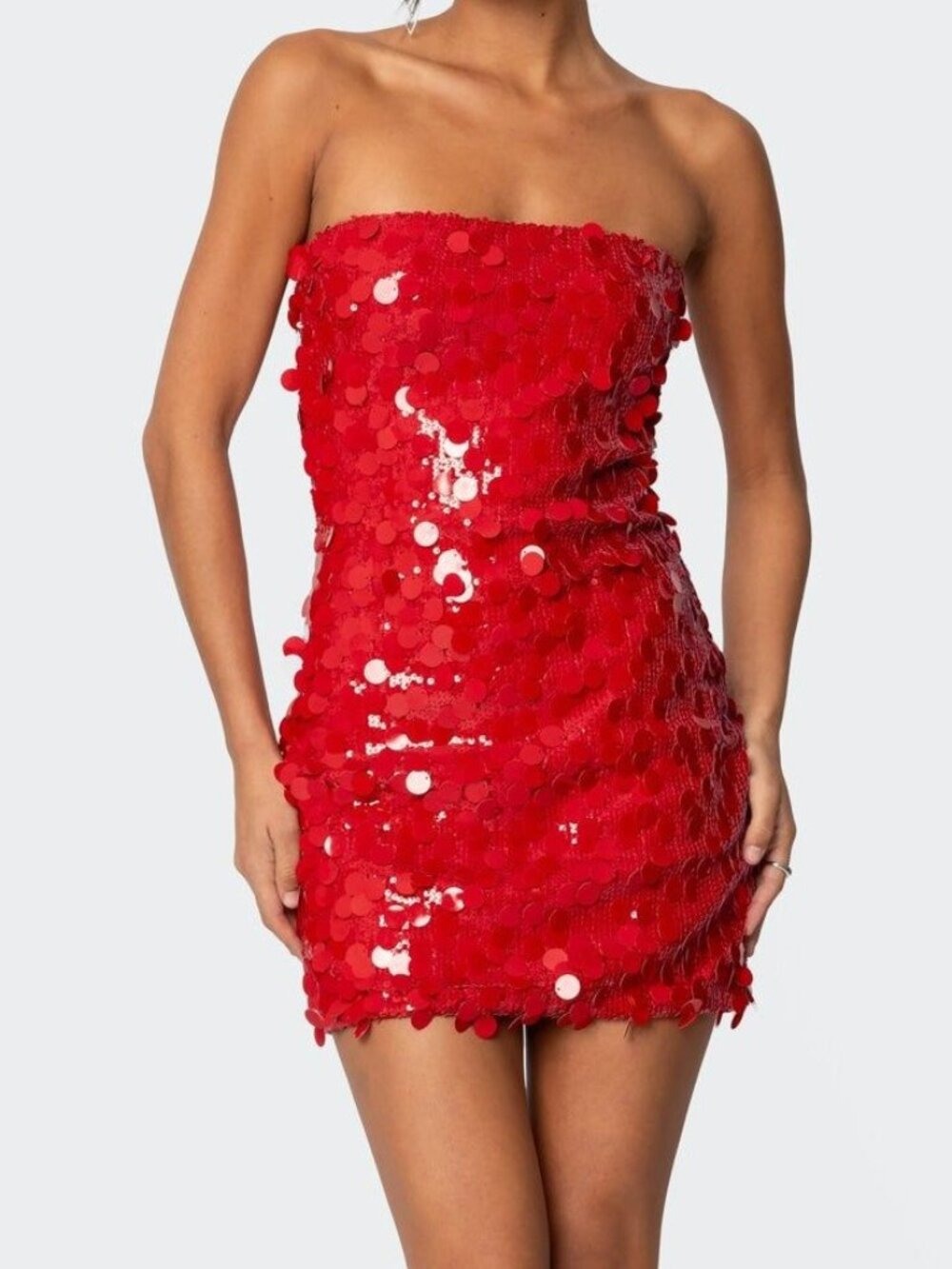 Edikted Red Sequin Strapless Bodycon Mini Dress Size S